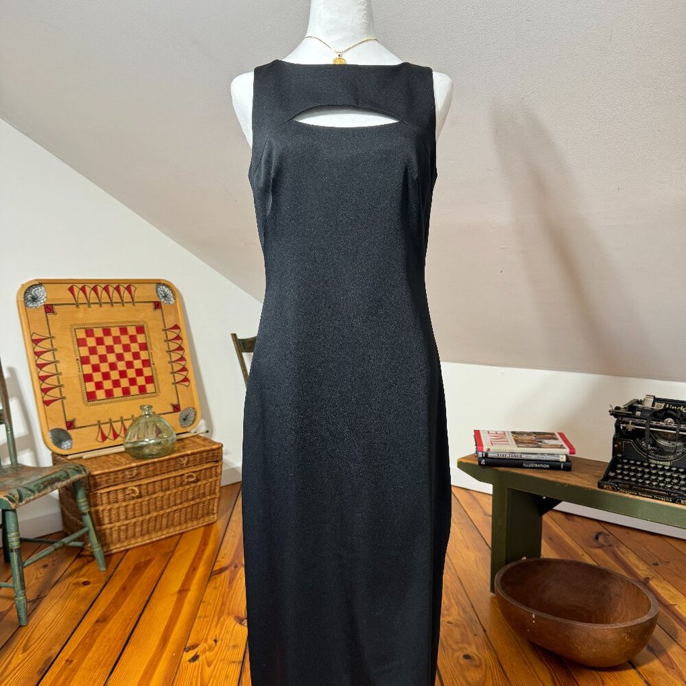 Shelli Segal Black Satin Slitted Evening Column Gown Formal Maxi Dress SZ 6